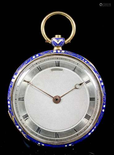 A 19th Century French lady's gold coloured metal and blue enamel cased pocket watch, the silvered