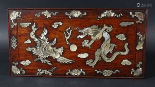 CHINESE HARDWOOD AND MOTHER OF PEARL INLAID STAND, decorated with a dragon and phoenix around a