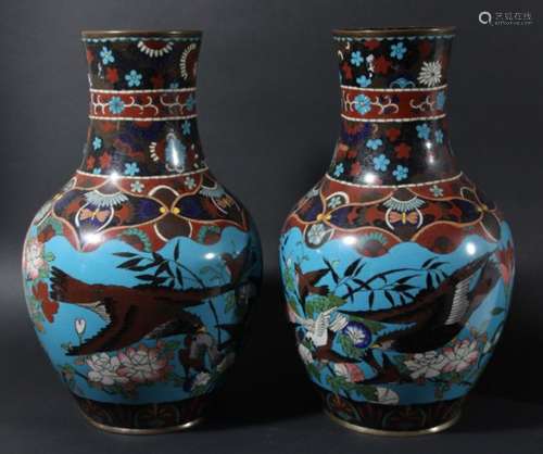 PAIR OF CLOISONNE VASES, later 19th century, of baluster form decorated with a bird of prey