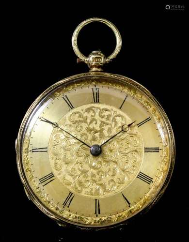 A Victorian lady's 18ct gold cased pocket watch (anonymous), the gilt dial with Roman numerals, fine