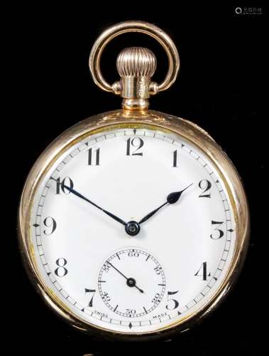 A George V 9ct gold cased keyless lever pocket watch, the white enamel dial with Arabic numerals,