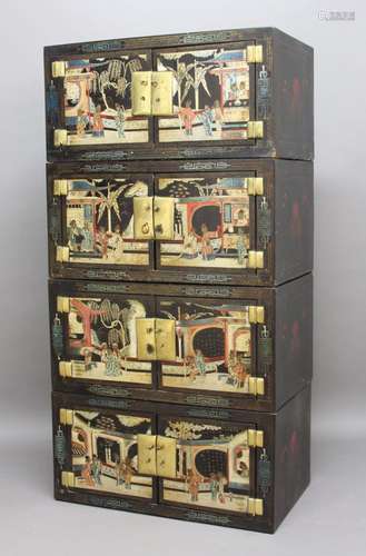 CHINESE LACQUERED FOUR SECTION CABINET, 19th century, each section with a pair of doors decorated