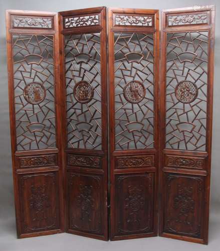 SET OF FOUR CHINESE HARDWOOD FRETWORK SCREENS, a foliate ruyi panel above a cracked ice main panel