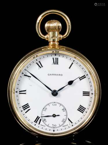 A George VI 9ct gold cased keyless lever pocket watch retailed by Garrard, the white enamel dial