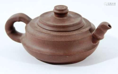 CHINESE YIXING BROWN STONEWARE TEAPOT AND COVER, of banded, squat ovoid form, seal marks, length