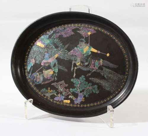 CHINESE LAC BURGAUTE OVAL DISH OR SMALL TRAY, the lacquer inlaid with mother of pearl with a scene