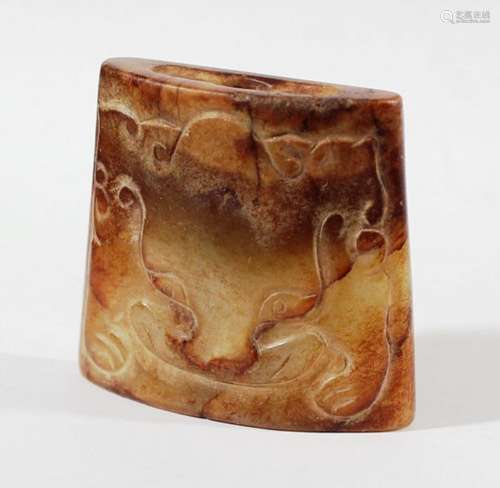 CHINESE GREEN AND RUSSET JADE PENDANT, perhaps Qianlong, of tapering, slender oval form, carved in