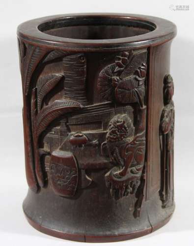 CHINESE CARVED BAMBOO BRUSH POT, BITONG, 19th century, carved with a maiden by a screen, dragon by a