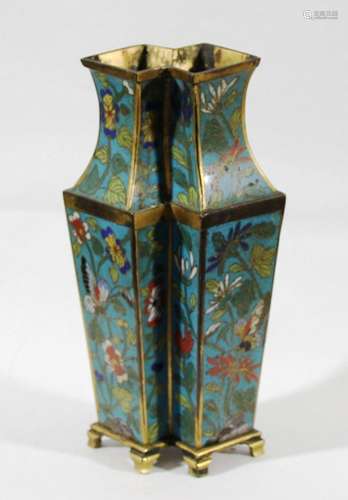 CHINESE CLOISONNE DOUBLE VASE, perhaps Qianlong, the two interlocking square section vases decorated