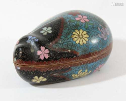 CHINESE CLOISONNE BOX AND COVER, possibly Qianlong, in the form of an aubergine, with scrolling,