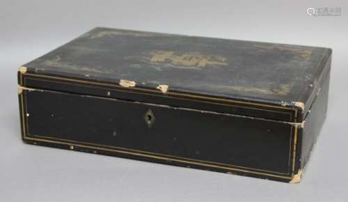 CHINESE BLACK LACQUER AND GILT GAMES BOX, late 19th century, the fitted interior with various