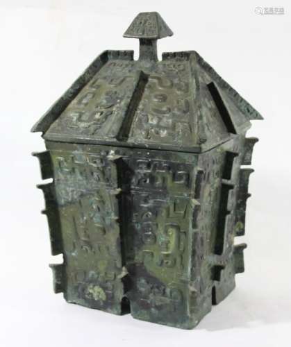 CHINESE BRONZE BOX AND COVER, of fang ding style, with winged and scrolling archaistic style