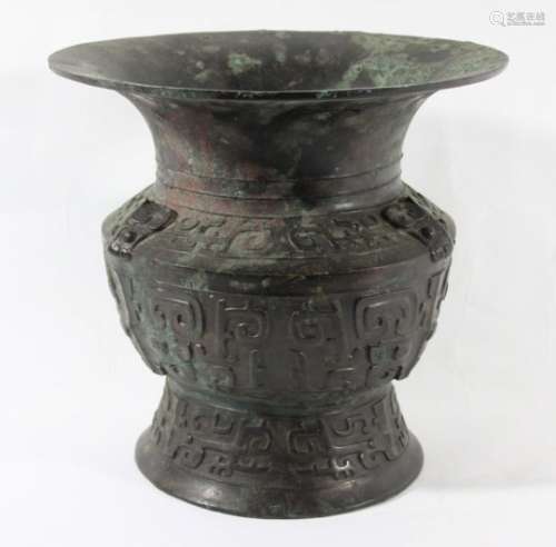 CHINESE BRONZE VASE, of squat baluster form, with a flaring mouth, with archaistic style scrolling