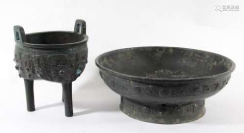 CHINESE BRONZE TRIPOD CENSER, ding, with archaistic style decoration, height 22cm; together with a