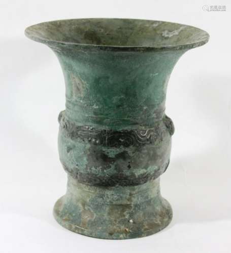 CHINESE BRONZE VASE, with a flaring mouth, swollen waist and spreading foot, with two bands of