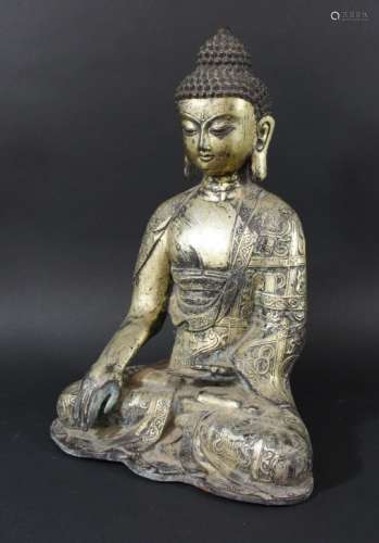 CHINESE OR TIBETAN MING STYLE BUDDHA, seated crossed legged, decorated with various buddhistic