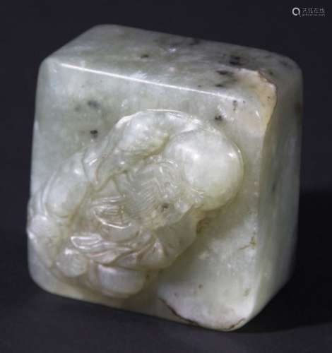 CHINESE GREY GREEN JADE SEAL, of square form with a carving of Shoulao to the top and a six