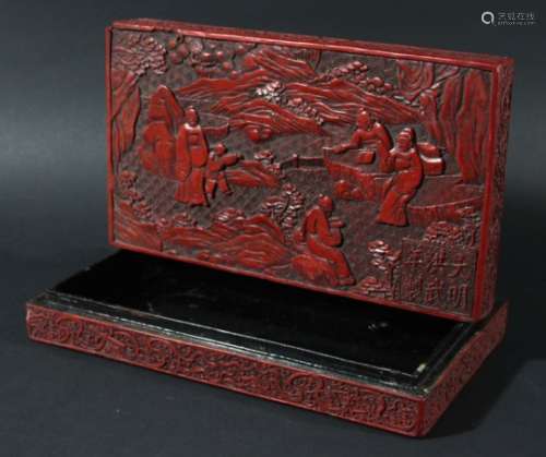 CHINESE CINNABAR LACQUER BOX AND COVER, the cover with four scholars and a boy in a rocky garden,