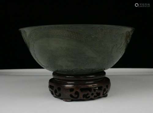 CHINESE SPINACH JADE CARVED BOWL