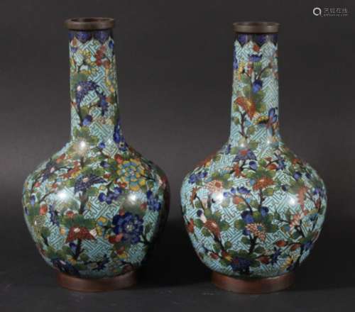 PAIR OF CHINESE CLOISONNE VASES, 19th century, of bottle form, with prunus and other flowers on a