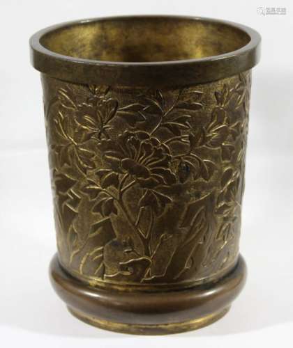CHINESE GILT BRONZE BRUSH POT, BITONG, possibly Qianlong, of slightly tapering cylindrical form with