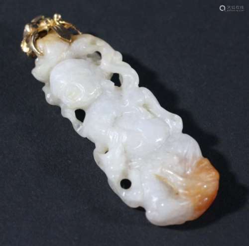 CHINESE WHITE AND RUSSET JADE PENDANT, carved as a man holding a fruiting peach branch, with gold