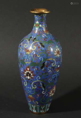 CHINESE CLOISONNE VASE, probably circa 1800, of slender ovoid form with scrolling floral