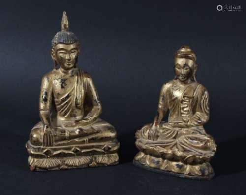 PAIR OF GILTWOOD BUDDHIST DEITIES, Chinese or Burmese, both figures seated cross legged on a lotus
