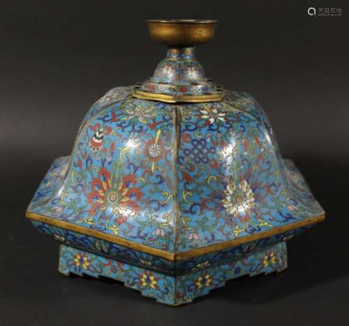 CHINESE CLOISONNE CENSER OR DIFFUSER, probably 18th century, of domed, hexagonal form with a central