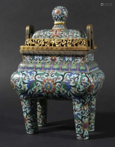 CHINESE CLOISONNE AND GILT METAL MOUNTED CENSER AND COVER, probably 19th century but possibly