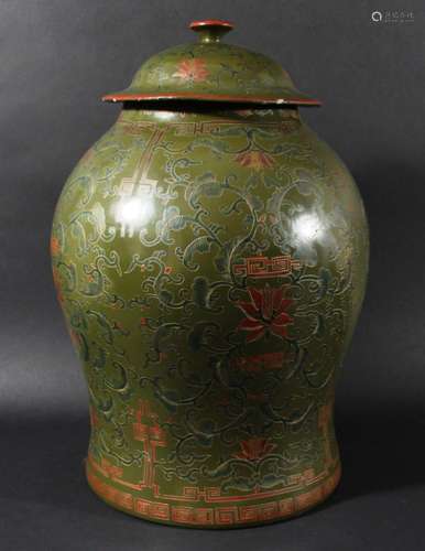 CHINESE LACQUER VASE AND COVER, possibly for tea, of swollen baluster form decorated with etched and