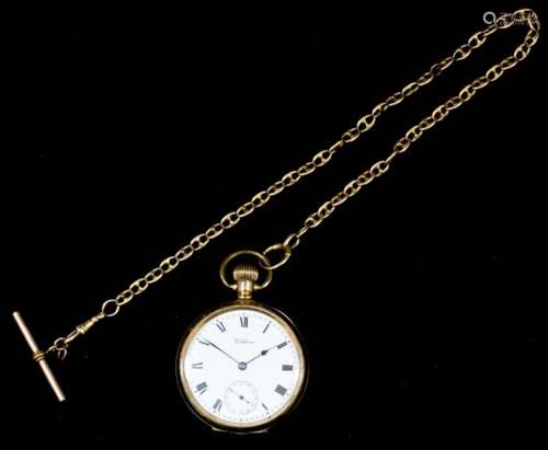 A gentleman's rolled gold open faced keyless pocket watch by Waltham, No. 546216, the white enamel