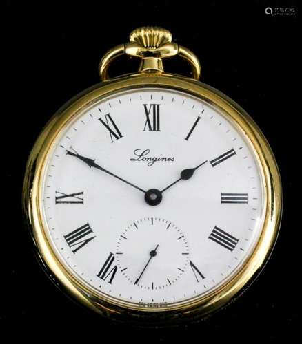 A modern gentleman's gold plated open faced keyless pocket watch by Longines, the white enamel