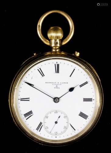 A Victorian 18ct gold open faced pocket watch by Barraud & Lunds, 49 Cornhill, London, No. 3/3362,