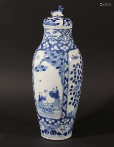 CHINESE BLUE AND WHITE VASE AND COVER, Kangxi style but 20th century, painted with figural and