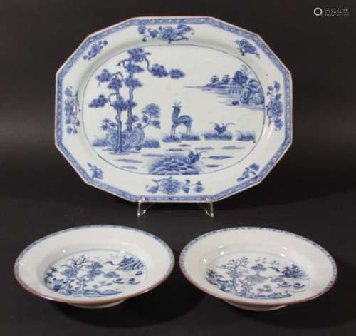 CHINESE BLUE AND WHITE PLATTER, late 18th century, painted with a deer, pine trees, ruyi and a lake,