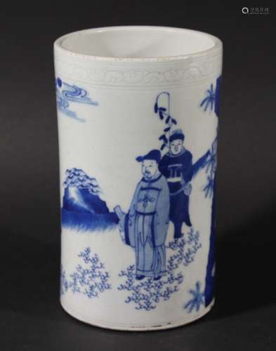 CHINESE BLUE AND WHITE BRUSH POT, BITONG, painted with three travellers beside a cloudy mountain,