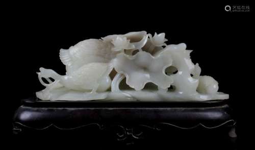 CHINESE WHITE JADE BOULDER, DUCK AND LOTUS