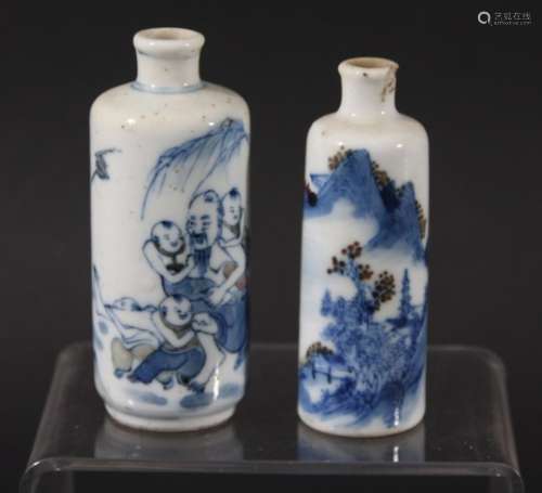 TWO CHINESE BLUE AND WHITE SNUFF BOTTLES, perhaps 18th century, with copper red highlights, with a