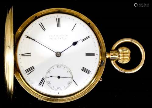 A Victorian 18ct gold half hunting cased keyless lever pocket watch by Buckley for Charles Frodsham,