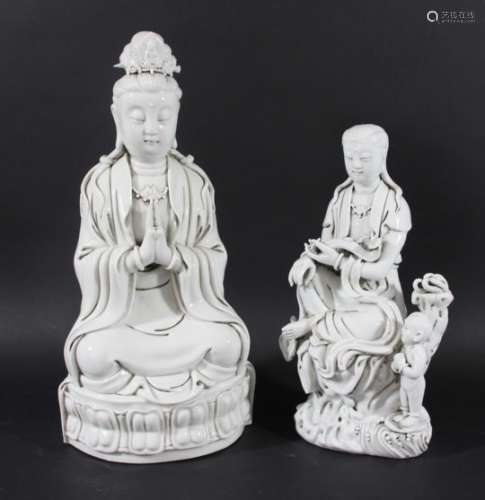 CHINESE BLANC DE CHINE FIGURE OF GUANYIN, seated with hands together, on a moulded base, impressed