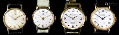 A lady's Omega 9ct gold cased manual wind wristwatch, the cream dial with gold baton numerals,