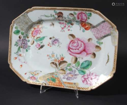 CHINESE FAMILLE ROSE DISH, probably late 18th century, painted and gilded with flowers, fruit and