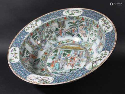 CHINESE FAMILLE VERTE BOWL, probably 19th century, enamelled with figural scenes of interiors and