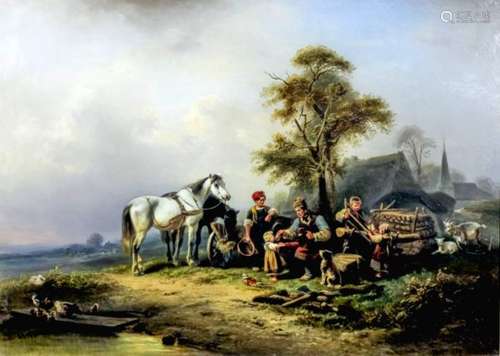 Wilhelm Alexander Meyerheim (1815-1882) - Oil painting - Rural landscape with a peasant family