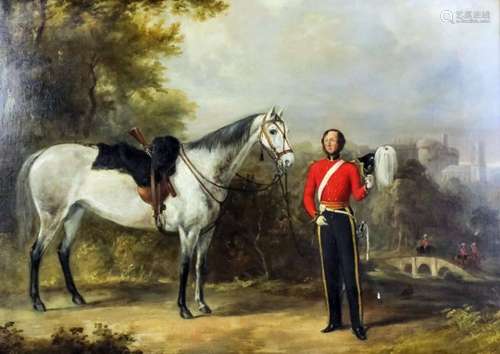 19th Century English school - Oil painting - An Irish Guards Officer with his horse, with Windsor