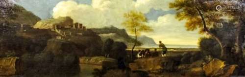 Style of Richard Wilson (1714-1782) - Oil painting - Italianate landscape with figures on the bank