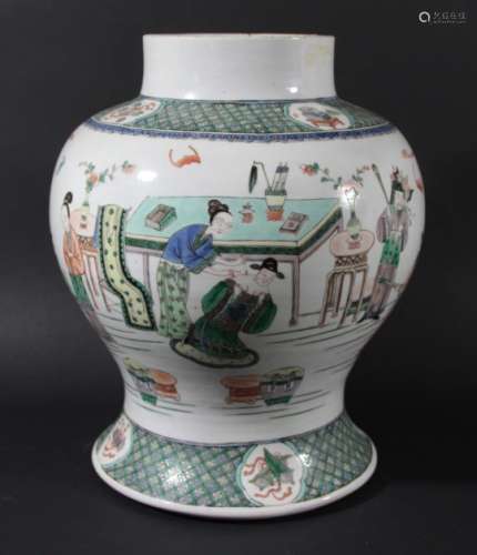 CHINESE FAMILLE VERTE BALUSTER VASE, 18th or 19th century, enamelled with figures at various