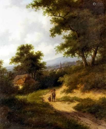 Jan Evert Morel (1835-1905) - Oil painting - Country landscape with cottagers walking on a track