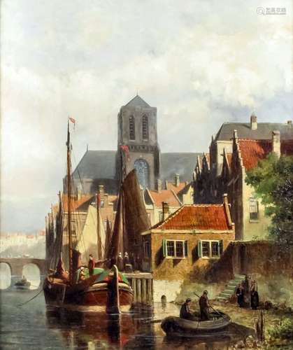 Circle of Petrus Gerardus Vertin (1819-1893) - Oil painting - Amsterdam scene with canal and